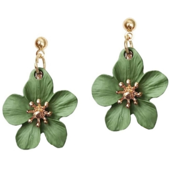 Red Matte Flower Blossom Post Earrings 3D Hibiscus Flowers Flutter Charm Dangle - Picture 3 of 3